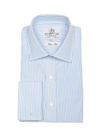 Мужская рубашка под запонки белая в светло синюю полоску Harvie & Hudson приталенная Slim Fit (01J0093BLU)