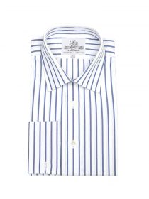 Мужская рубашка под запонки большого размера с длинным рукавом белая в синюю полоску Harvie & Hudson приталенная Slim Fit (01J0244NVY)