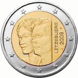90 лет вступления на престол Герцогини Шарлотты 2 евро Люксембург 2009