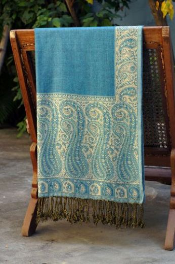 Двухсторонний индийский шарф, голубой с желтым