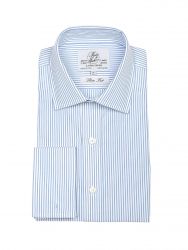 Мужская рубашка под запонки белая в светло синюю полоску Harvie & Hudson приталенная Slim Fit (01J0093BLU)