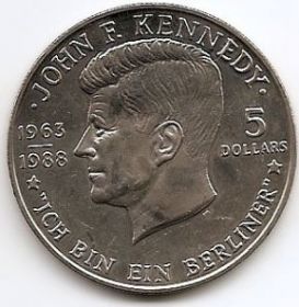 25 лет со дня смерти Джона Кеннеди.(Я горжусь тем, что я берлинец). 5 долларов Ниуэ 1988