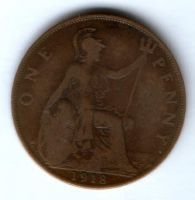 1 пенни 1918 г. Великобритания