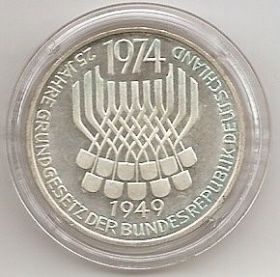 25 лет ФРГ 5 марок Германия 1974 F