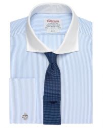 Мужская рубашка под запонки в синюю полоску с белым воротником T.M.Lewin приталенная Slim Fit (53512)