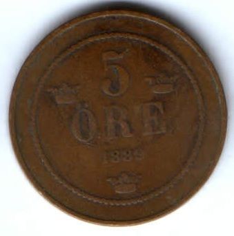5 эре 1889 г. редкий год Швеция