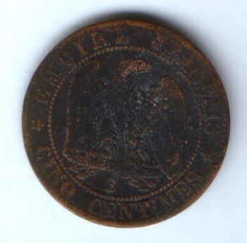 5 сантимов 1857 г. редкий тип. B. Франция