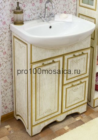 Тумба с раковиной для ванной. Коллекция Адель 65 см. белый / патина золото (SANFLOR)