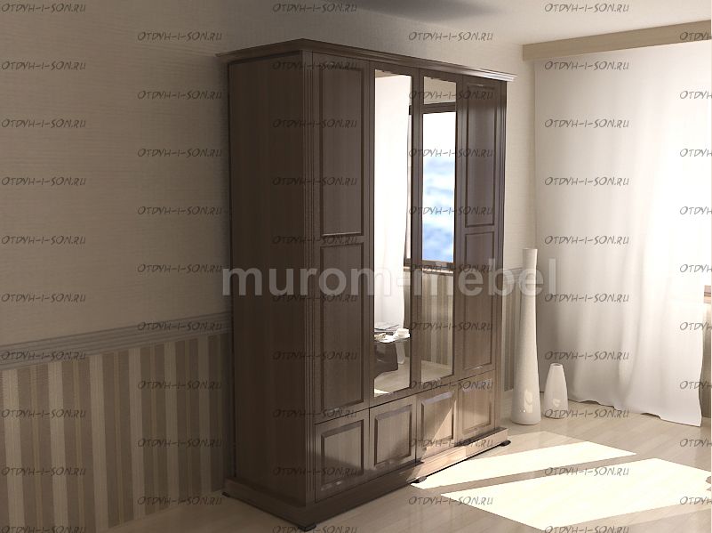 Шкаф 4-дверный с нижней антресолью и зеркалом Кардинал 180х55х224
