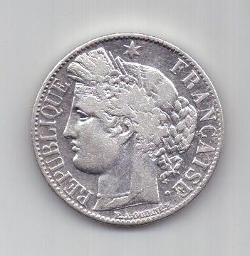 1 франк 1887 г. AUNC. редкий год. Франция