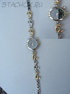 Часы женские "Кошка" золото+серебро черные (на браслете)