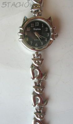 Часы женские "Кошка" серебро черные (на браслете)