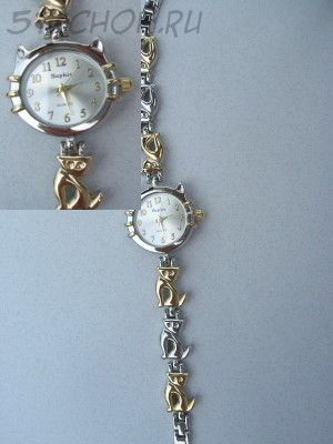 Часы женские "Кошка" золото+серебро светлые (на браслете)