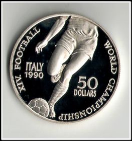Ниуэ 50 долларов 1990 г. ЧМ по футболу в Италии серебро пруф (большая монета, кронового размера)