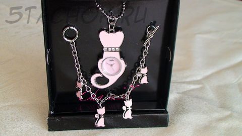 Часы женские кулон с цепочкой и браслет с котятами розовый