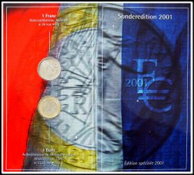 Франция 2001 официальный набор 1 евро +1 франк