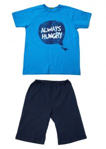 Пижама для мальчика синяя с маленьким динозавром и надписью Клевер 761882