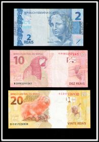 Банкноты Бразилии, 2,10 и 20 реалов.