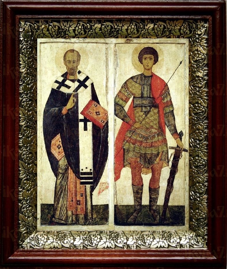 Николай Чудотворец и Георгий Победоносец (19х22), темный киот