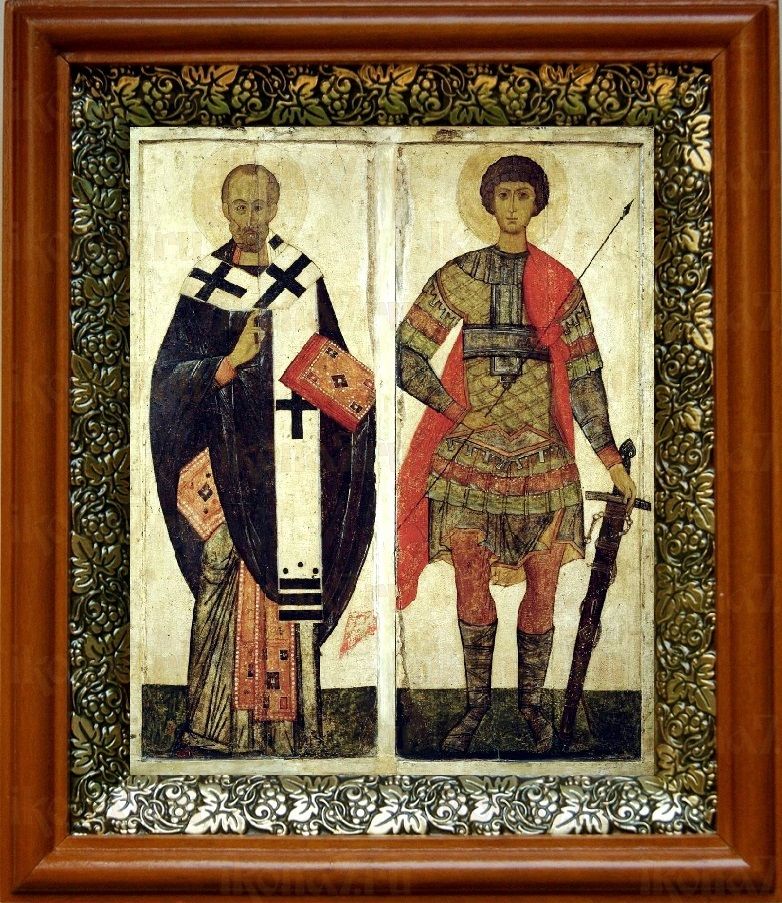 Николай Чудотворец и Георгий Победоносец (19х22), светлый киот