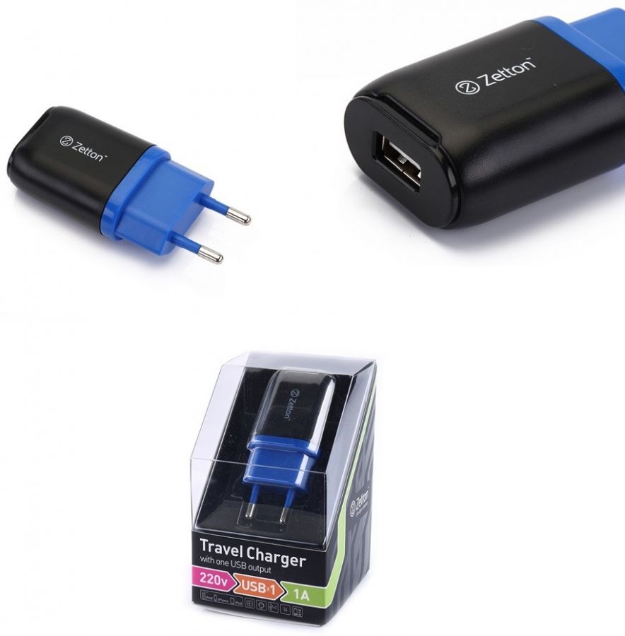Сетевое зарядное устройство Zetton USB (1 A) (black-blue)