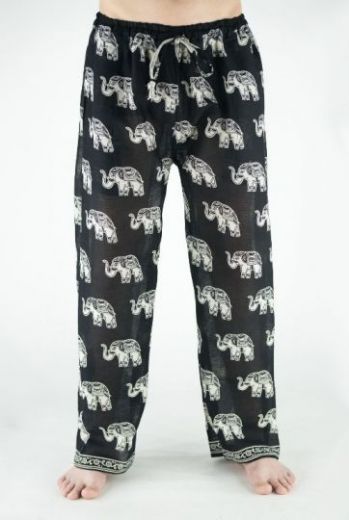 Индийские летние мужские штаны из хлопка, черные с белыми слонами. Интернет магазин.