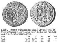 1 лиард 1709 г. Испанские Нидерланды, Графство Намюр