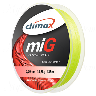 Плетёный шнур Climax Mig Extreme Braid 135m 0,20мм 16,0кг (флюресцентно-желтый)