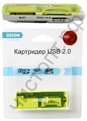 Картридер OXION OCR004GR, зеленый, USB 2.0 (SD,SDHC,RS MMC,Micro SD,M2,MS PRO Duo,Mini sd до 64 Гб)