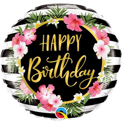 С днем рождения тропический с полосками и гибискусами шар фольгированный с гелием