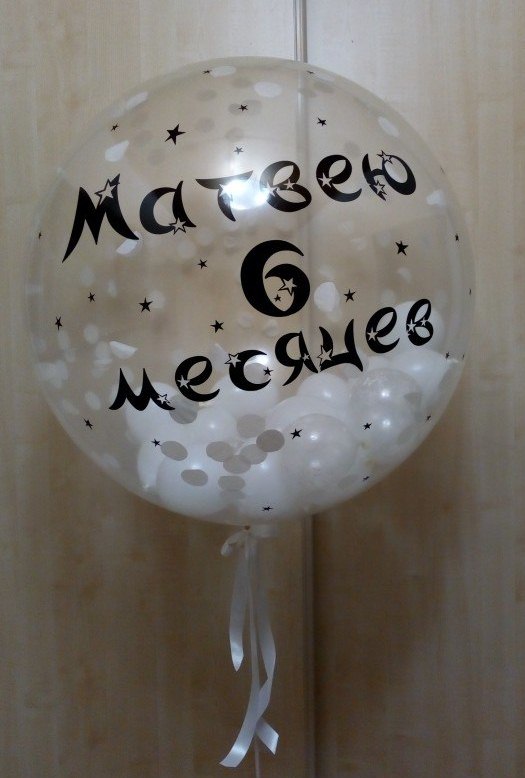 Метровый шар, декорированный шариками, наклейками и конфетти