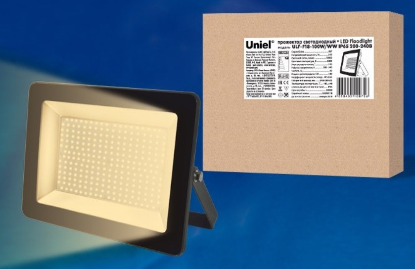 ULF-F18-100W/WW IP65 200-240В BLACK Прожектор светодиодный. Теплый белый свет (3000K). Корпус черный