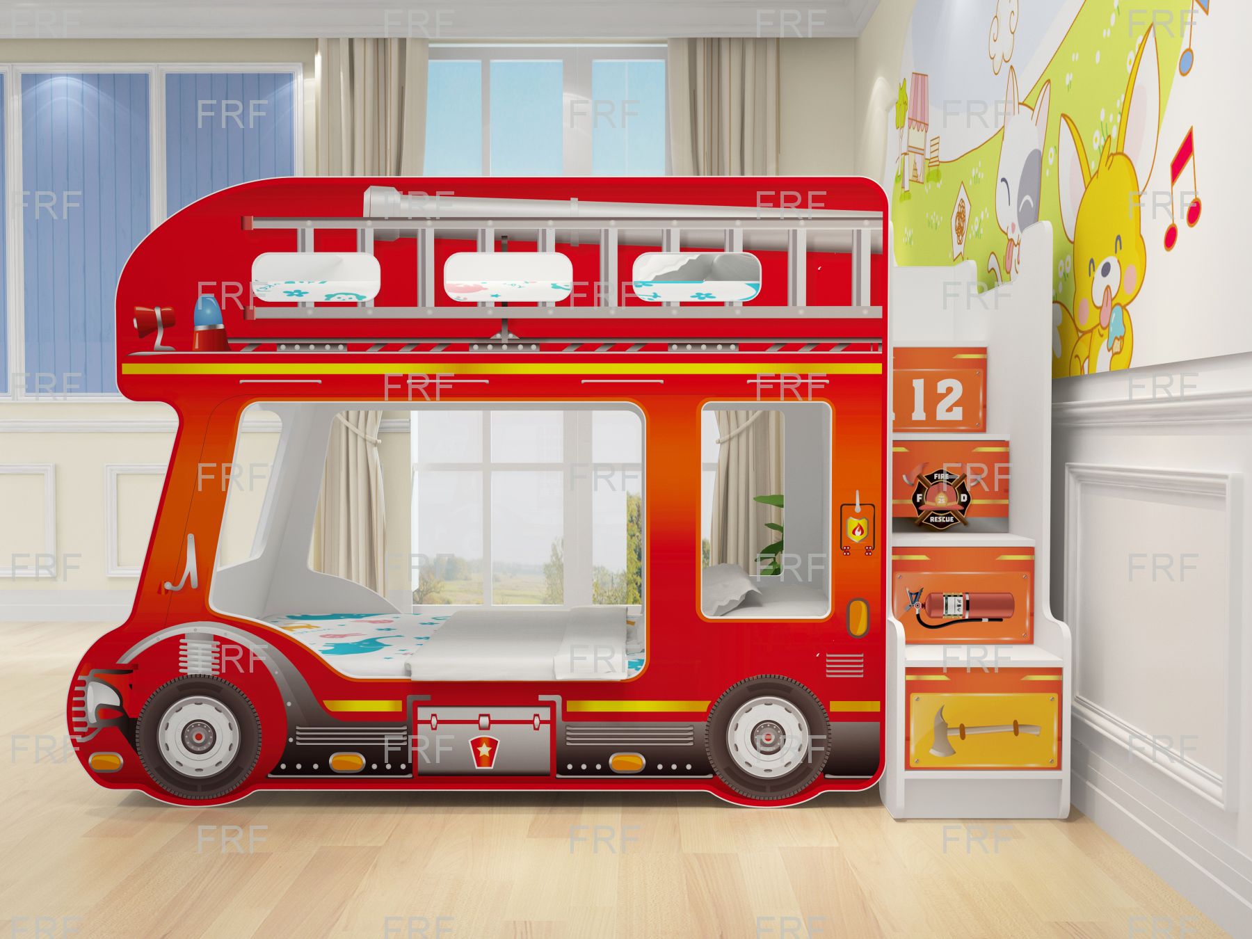 Мебель для детской двухъярусная кровать-красавица пожарная машина