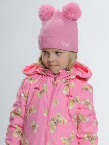 Розовая вязанная шапка для девочки с глазками