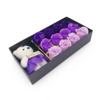 Мыльные розы 12 шт в коробке с мишкой (цвет фиолетовый микс)