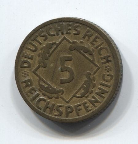 5 пфеннигов 1926 года E Германия Редкий тип
