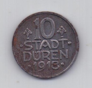 10 пфеннигов 1918 года XF Дюрен SD Германия