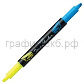 Маркер текст.Pentel Twin Checker двухцветный желтый-голубой SLW8-GS