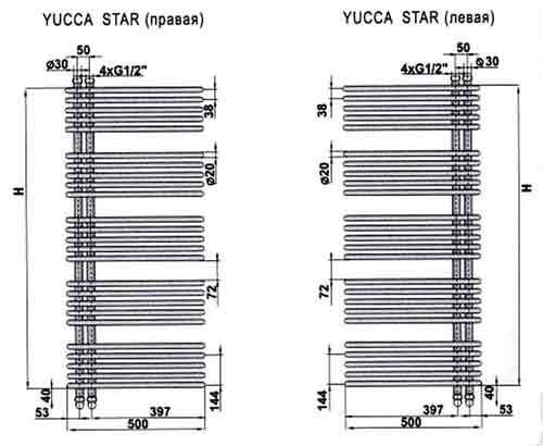 Настенный водный полотенцесушитель для ванной Zehnder Yucca Star лесенка YASC-120-050 50x108,8 см схема 6