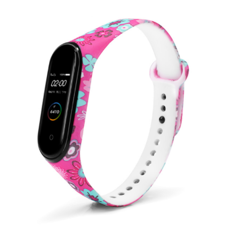 Сменный ремешок с рисунком на фитнес - браслет Xiaomi mi band 5/6 (Розовые цветы)
