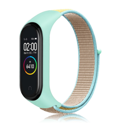 Сменный тканевый ремешок на фитнес - браслет Xiaomi mi band 5/6 (Бирюзовый с бежевым ремешком)