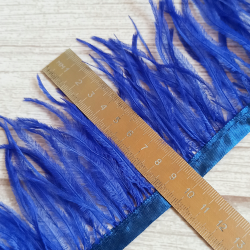 Перья синие, лента декоративная перьевая страусиная, шириной 7-11 см, арт PS008, цвет ультрамарин