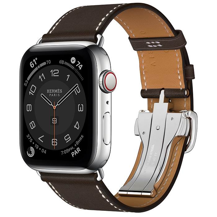 Часы Apple Watch Hermès Series 6 GPS + Cellular 44mm Silver Stainless Steel Case with Ébène Leather Single Tour Deployment Buckle