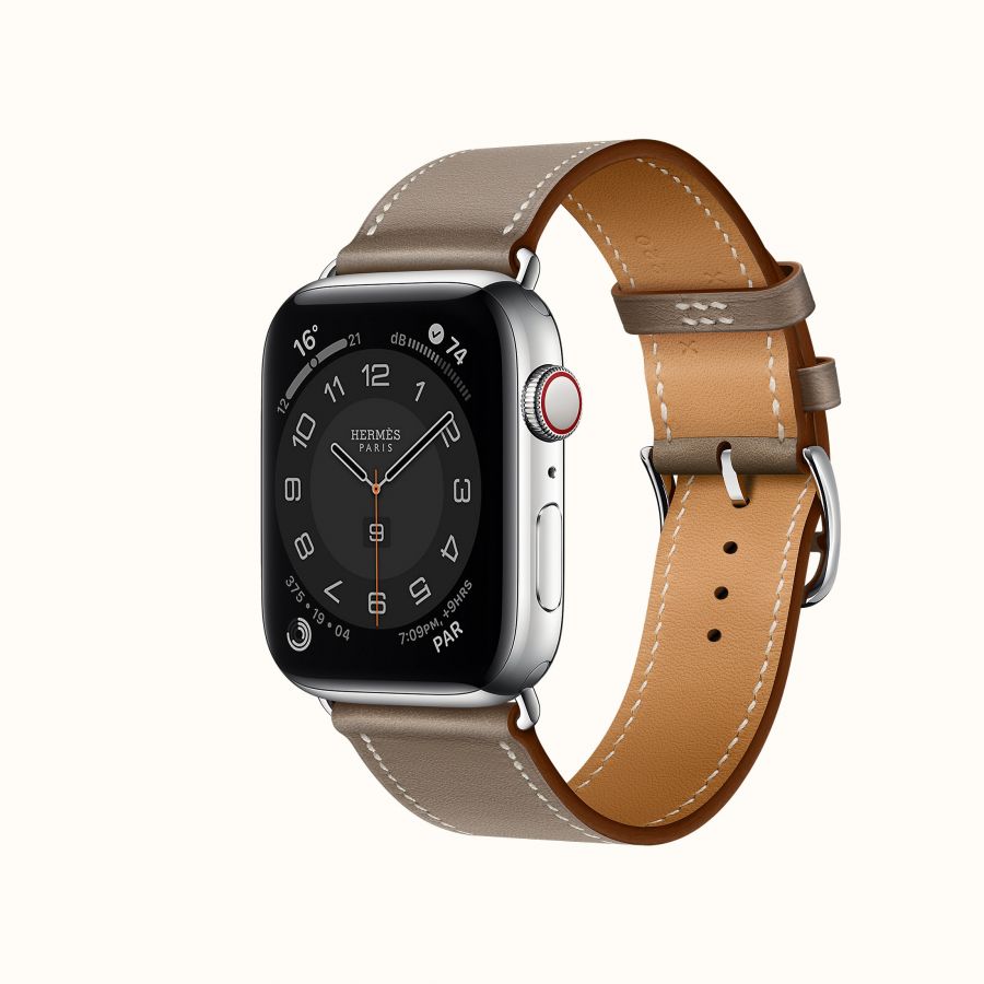 Часы Apple Watch Hermès Series 6 GPS + Cellular 44mm Stainless Steel Case (Silver) with Étoupe Swift Leather Single Tour