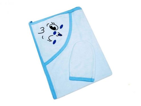 Купальное махровое полотенце с уголком + варежка (голубой 01889)