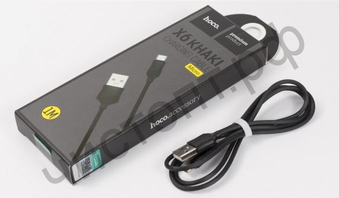 Кабель USB - микро USB HOCO X6 Khaki, 1.0м, круглый, 2.1A, силикон, черный