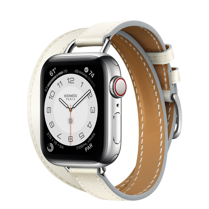 Часы Apple Watch Hermès Series 6 GPS + Cellular 40mm Silver Stainless Steel Case with Blanc Swift Leather Attelage Double Tour