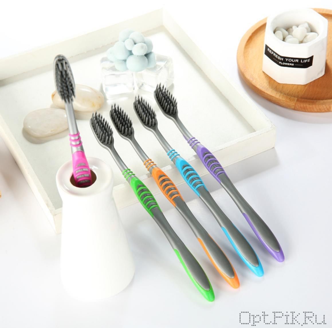 Набор бамбуковых зубных щёток 5 штук  с эффектом зубной нити (блистер)