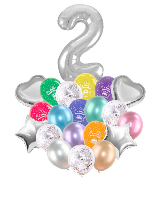 Воздушные шары набор «С Днем Рождения» с цифрой 2 серебро
