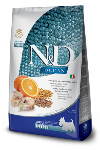 N&D Ocean Codfish, Spelt, Oats & Orange mini adult (НД треска с пшеницей, овсом и апельсином для собак мелких пород)